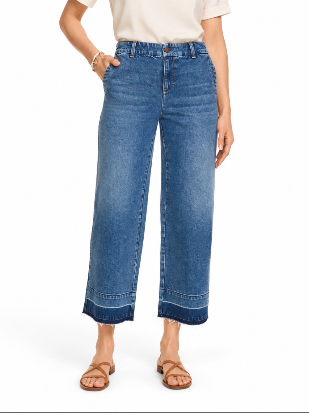 Talbots Wide Leg Crop Jeans 10P Tillary Wash Released Raw Hem Stretch Denim